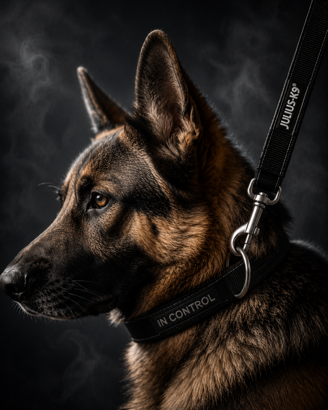 Niemiecki owczarek w smyczy Julius-K9 Heritage Supergrip z naszywką IN CONTROL